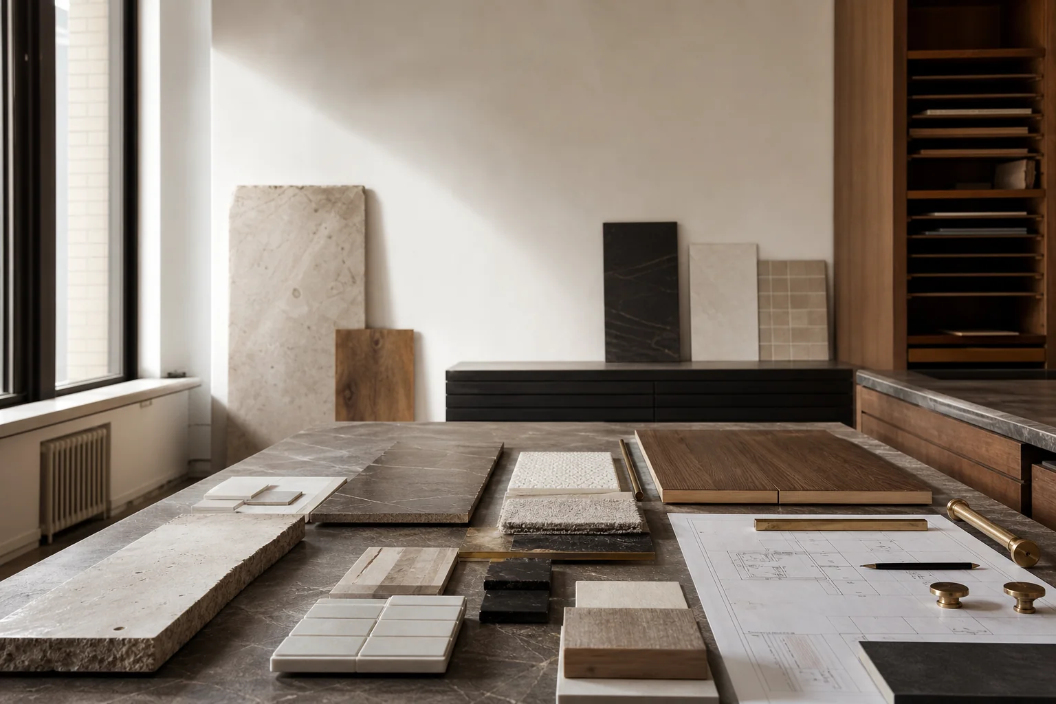 Natural stone, tile, oak and brass samples arranged in the Desire KBD material library.